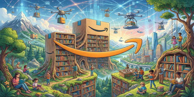 A glowing infinite warehouse where autonomous robots retrieve rare books from endless digital shelves